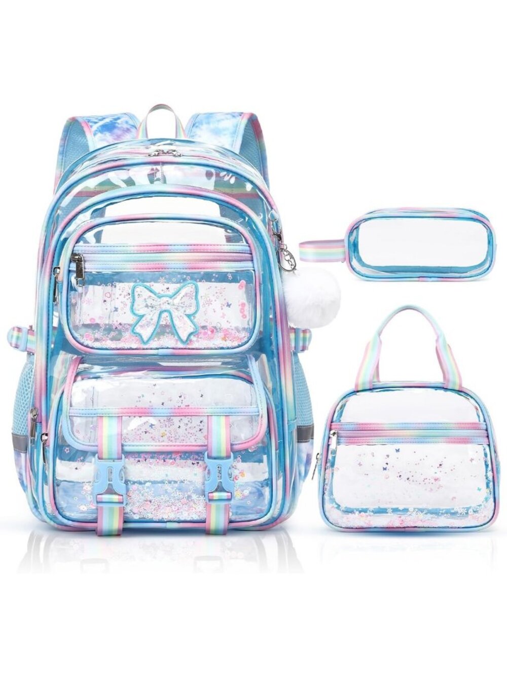 Glitter Clear Backpack Set for Girls with Lunch Box & Pencil Pouch - Blue 3PCS